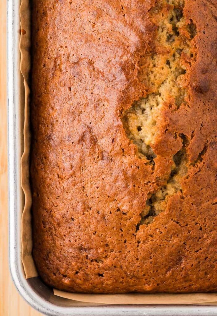 Top view of the baked banana bread loaf