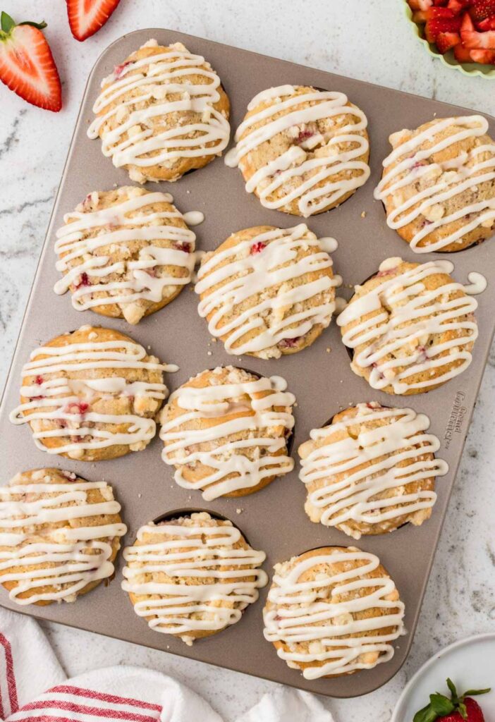Muffin pan of the baked strawberry muffins