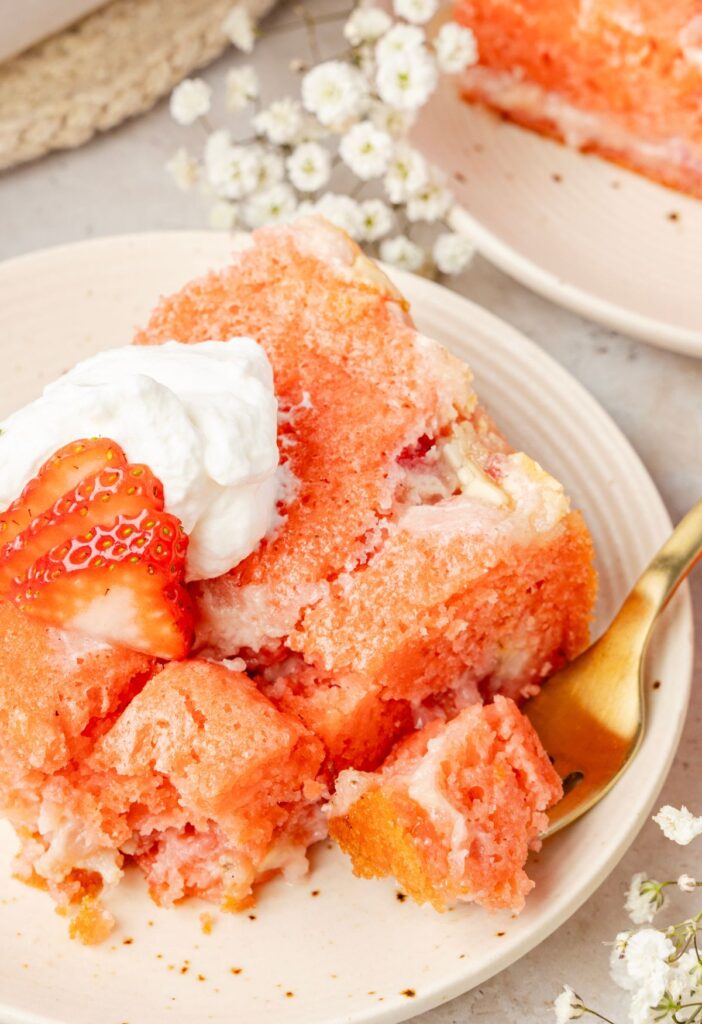 Slice of earthquake cake with a fork.