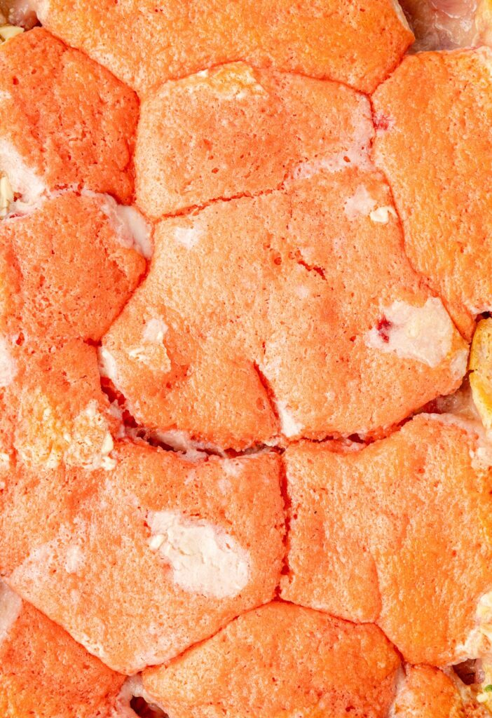 Close up of the top of the earthquake cake inside the baking pan.