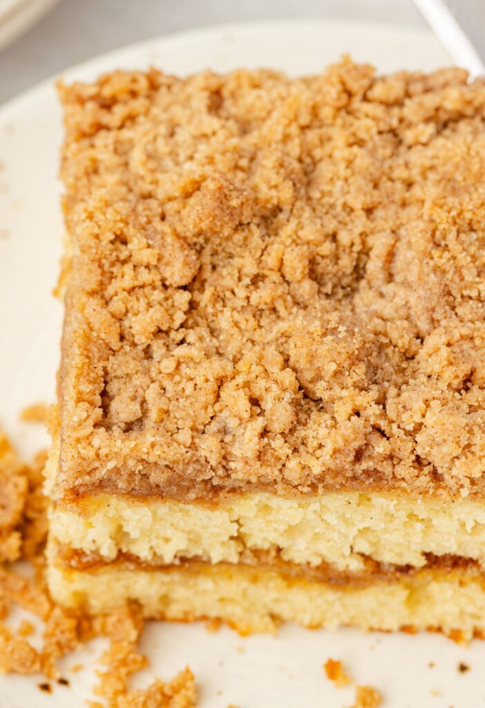 Top view of the buttery brown sugar streusel topping of the coffee cake recipe.