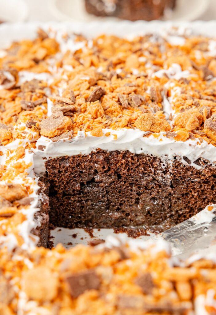 Side view of the middle of the butterfinger cake with a slice on a spatula.