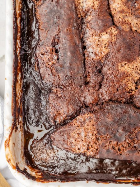 Chocolate cobbler baked inside a white pan