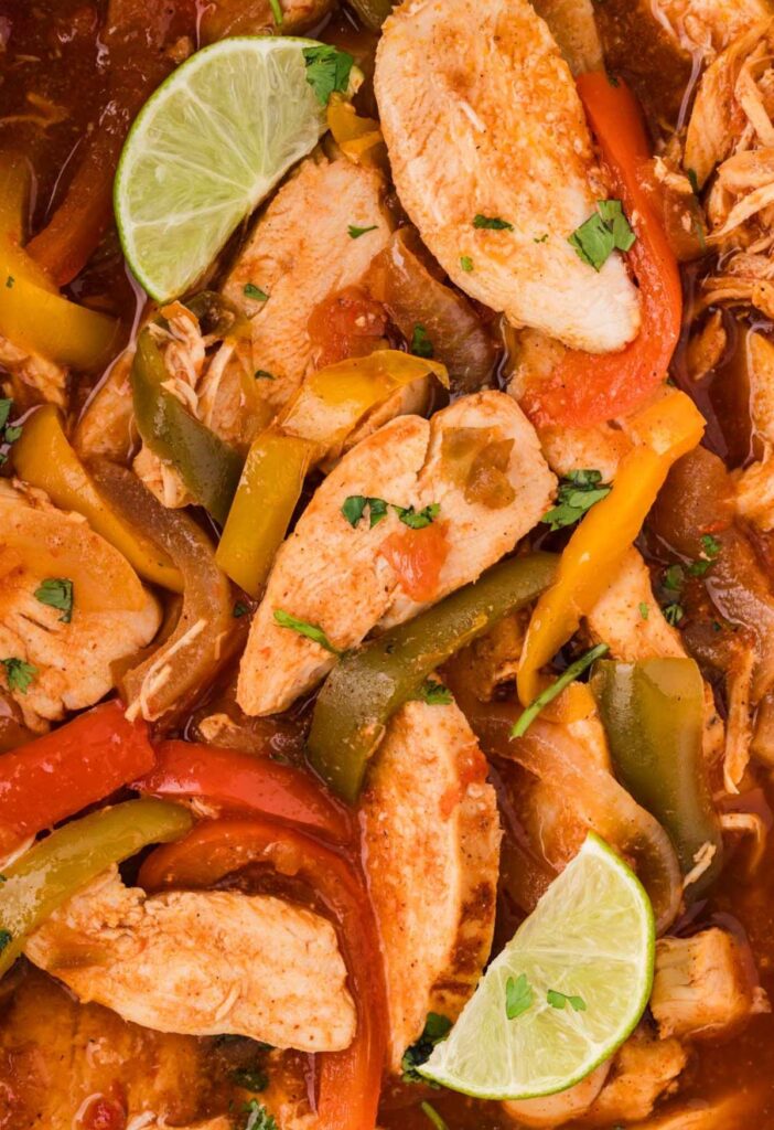 Close up of the cooked chicken fajita filling with bell peppers and onions.