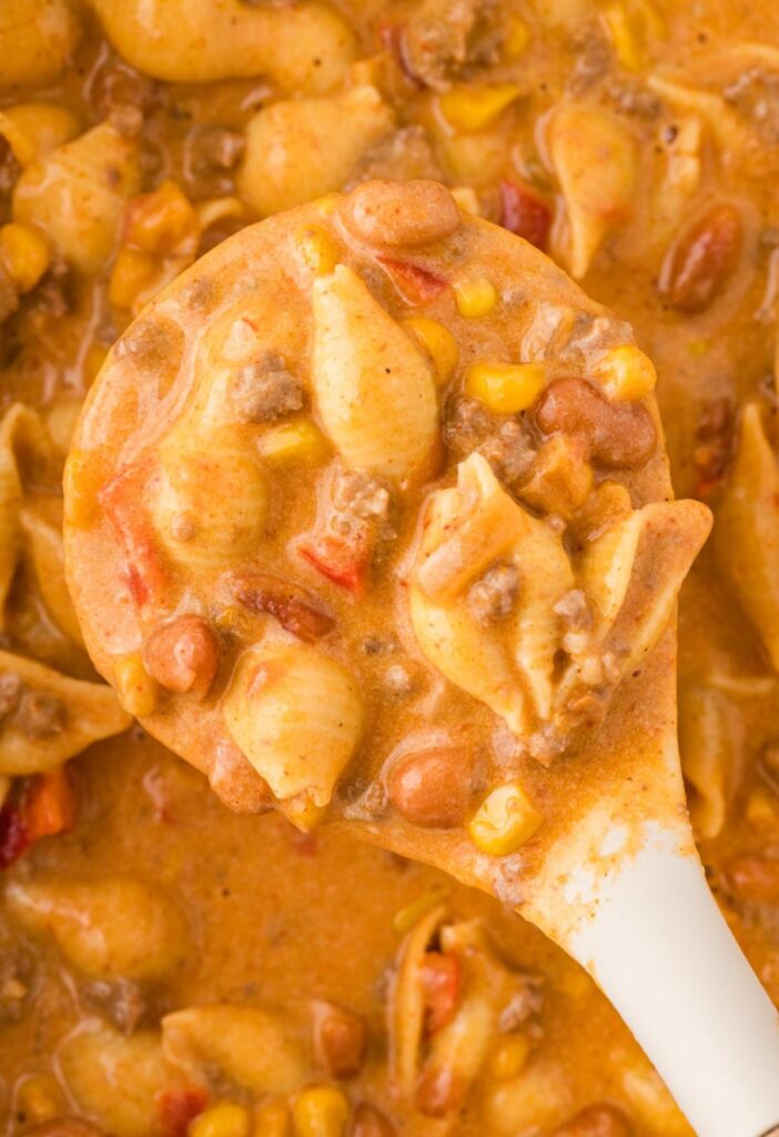 A scoop of the taco pasta from the slow cooker