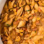 The cheesy taco pasta inside the crockpot