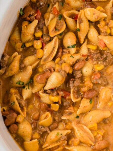 The cheesy taco pasta inside the crockpot