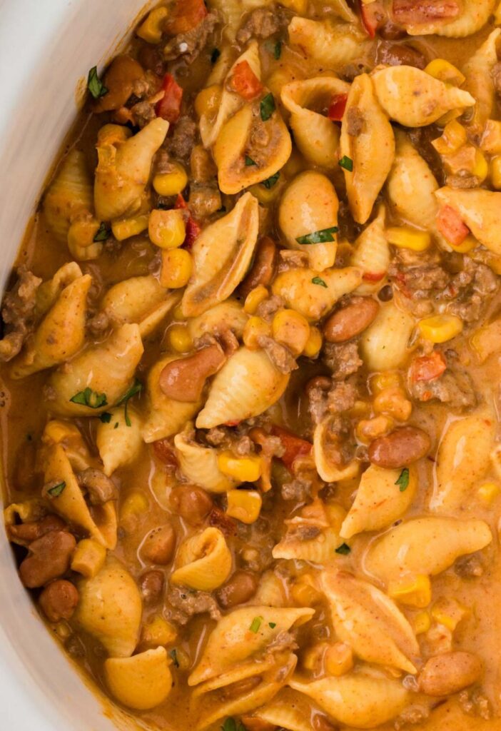 The cheesy taco pasta inside the crockpot