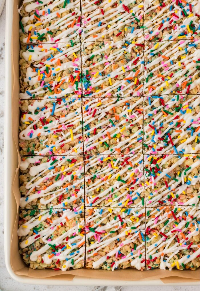 Top view of the Krispie treats with sprinkles on top
