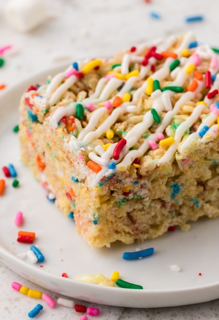 One Krispie treat with sprinkles and Rice Krispies sitting on a plate with a white chocolate glaze and sprinkles on top