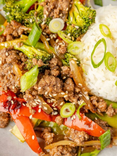 A plate of white rice and the ground beef stir with a sauce and green onions on top.