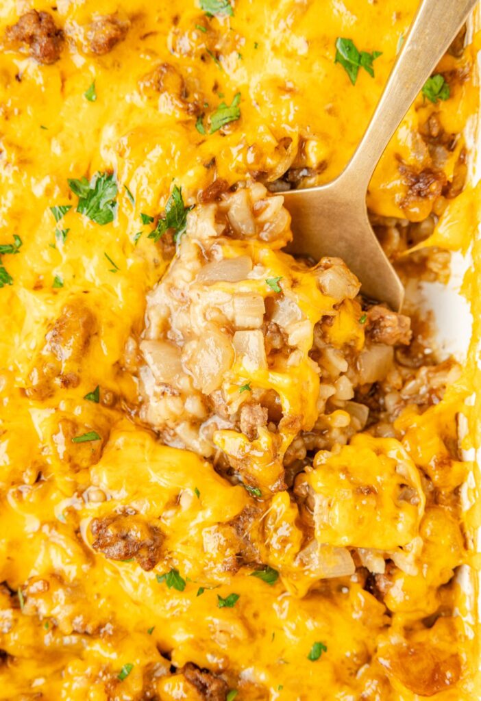Close up of the casserole with a fork in it
