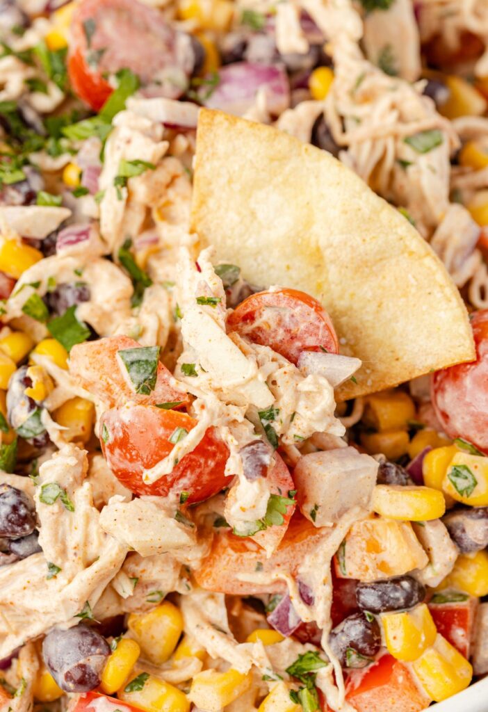 Close up of the creamy southwest chicken salad with a pita chip for dipping