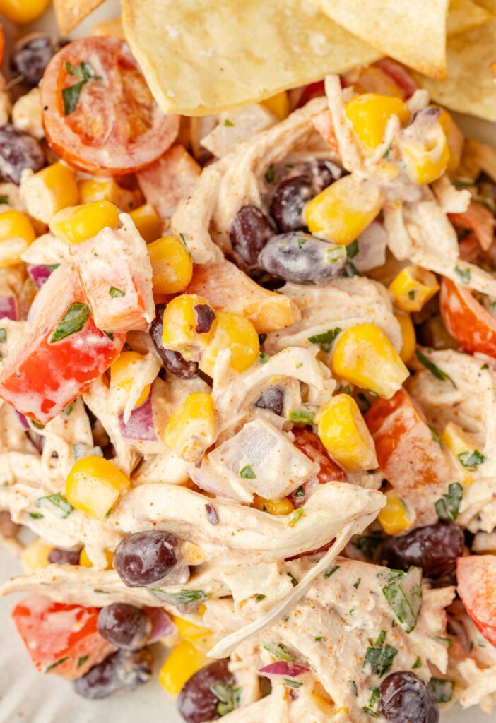 A serving of southwest chicken salad on a white plate