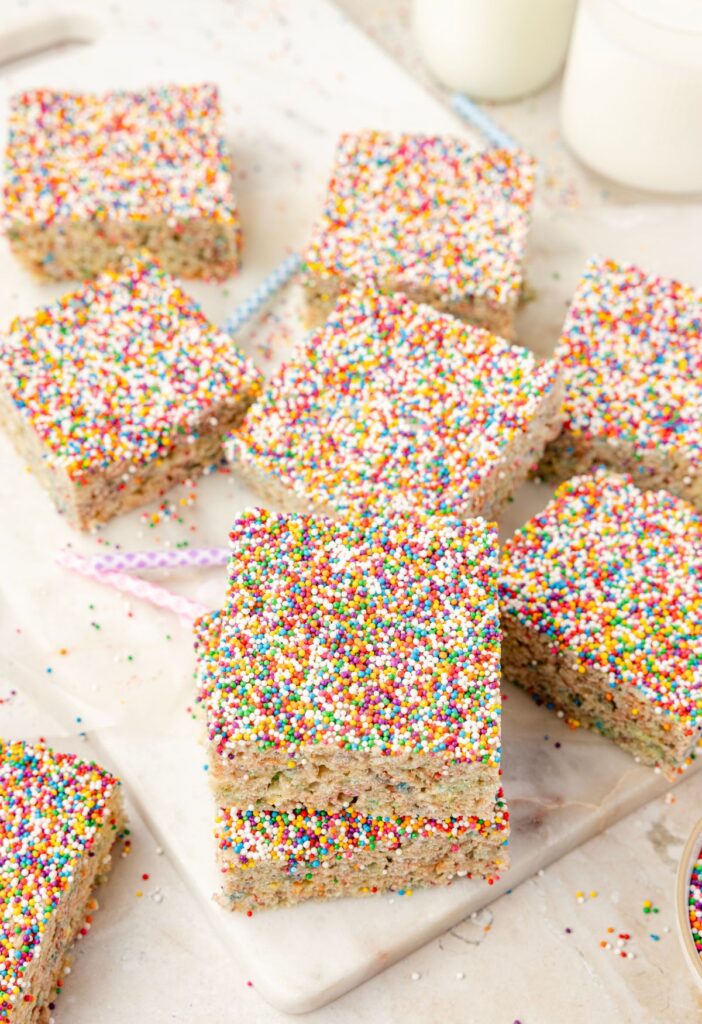 dot cake rice krispies with sprinkles on top