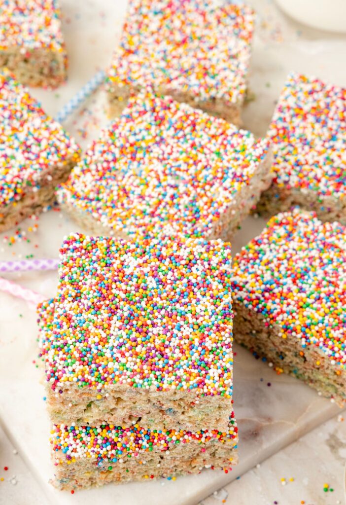 dot cake Rice Krispie treats covered in sprinkles