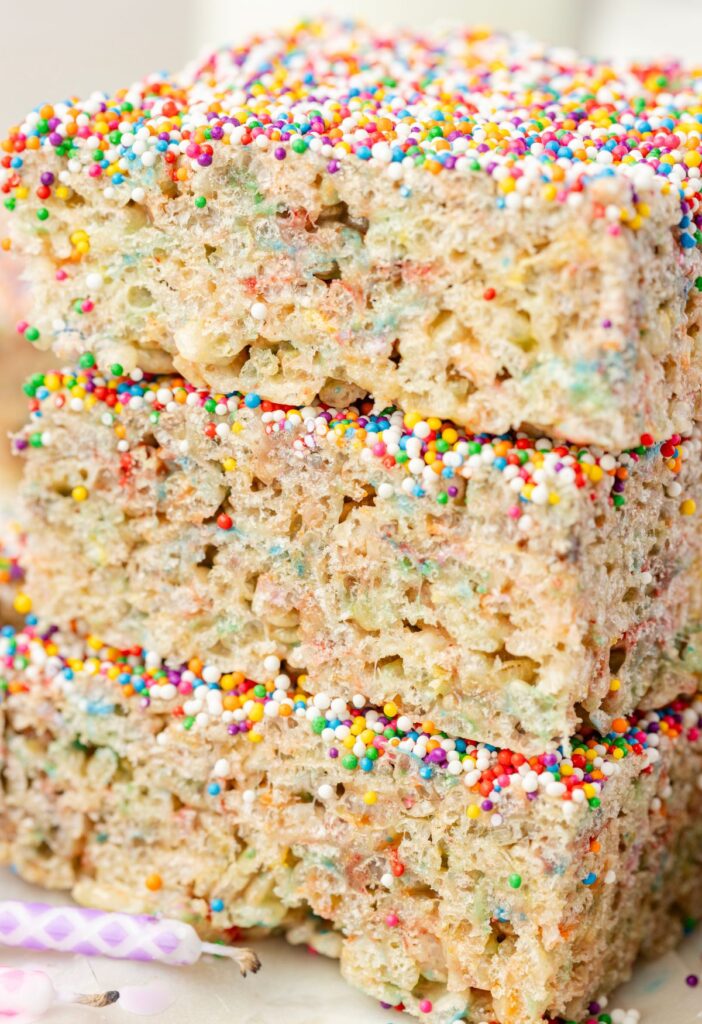 Close up of a stack of Rice Krispie treats