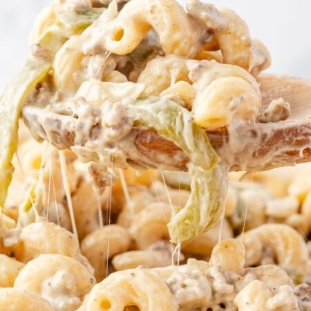 A wooden spoon holding the pasta above the skillet.