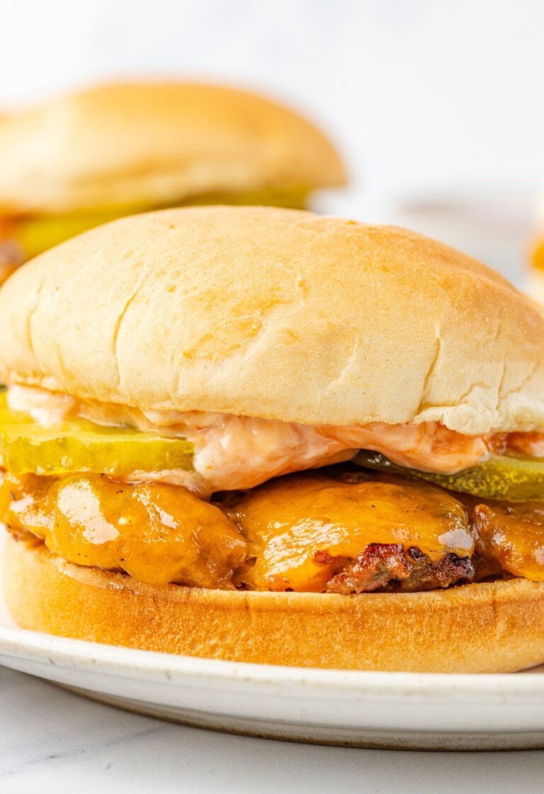A burger with cheese and pickles and sauce, on a hamburger bun sitting on a plate with fries.
