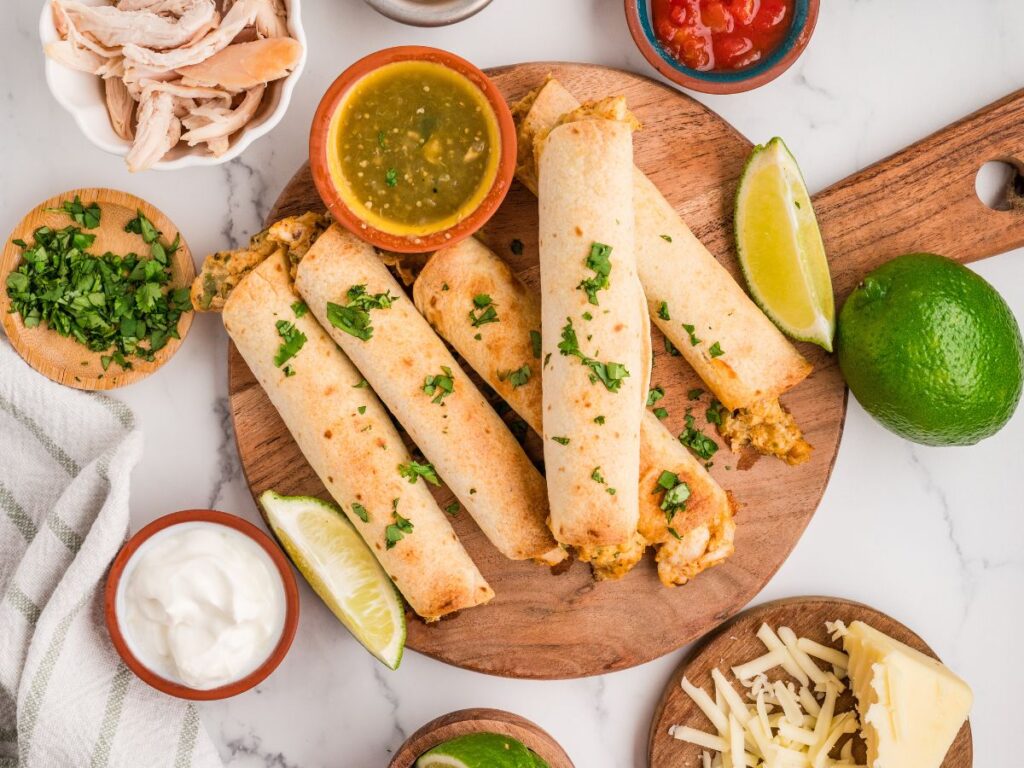 Top view of the crispy chicken taquitos
