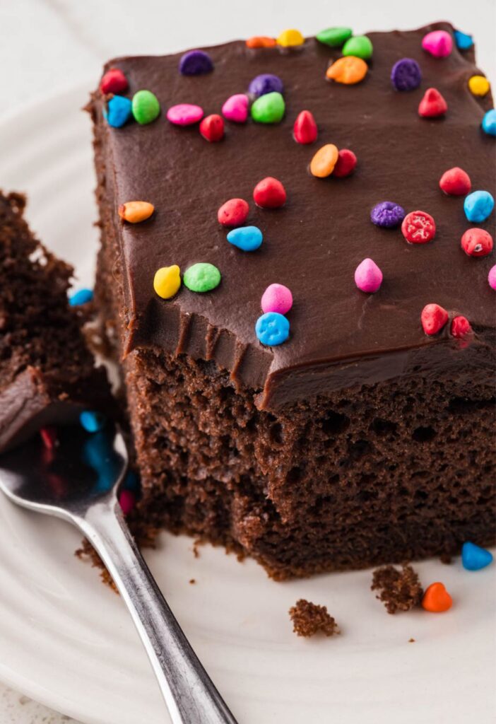A slice of the cosmic brownie chocolate cake with a fork and a bite taken out of the corner.