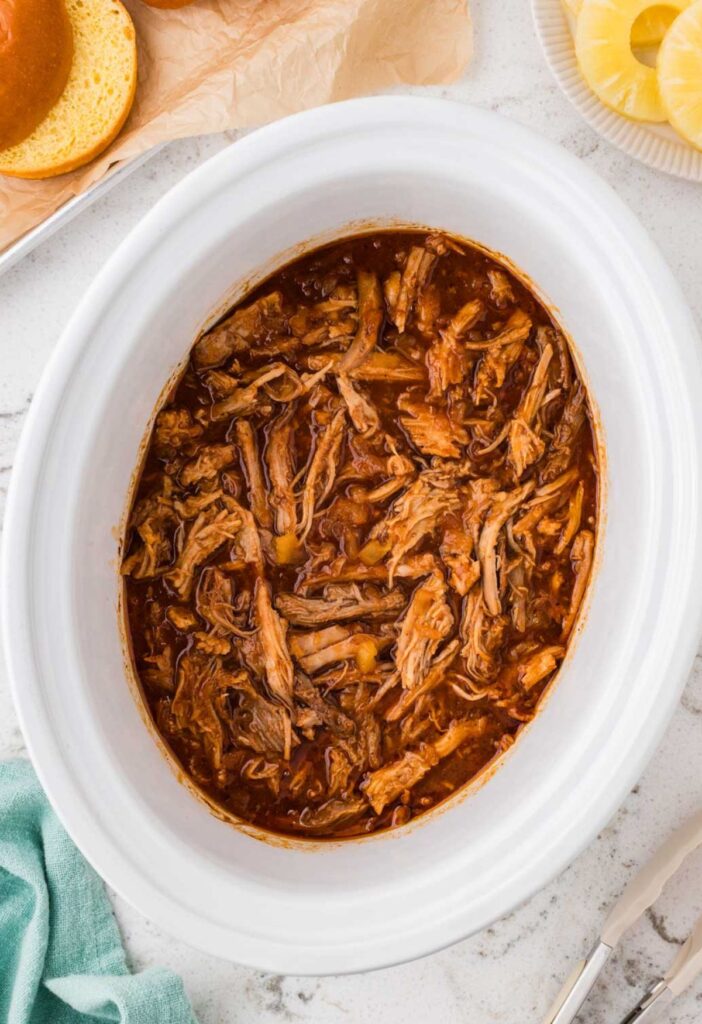 Top view of a crockpot of pulled pork
