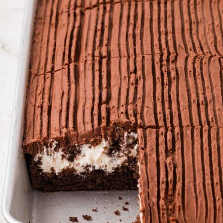 A cake pan with the copycat zingers cake in it