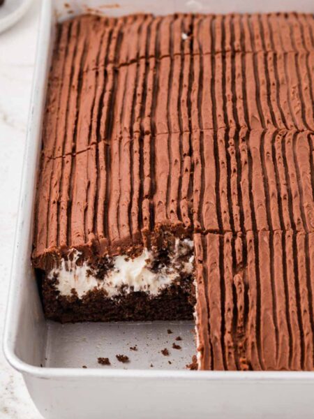 A cake pan with the copycat zingers cake in it