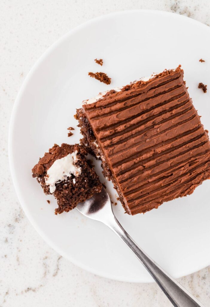 Top view of a slice of cake with a fork