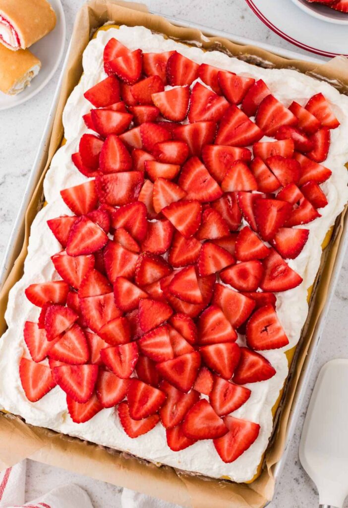 Top view of the strawberry shortcake sheet cake