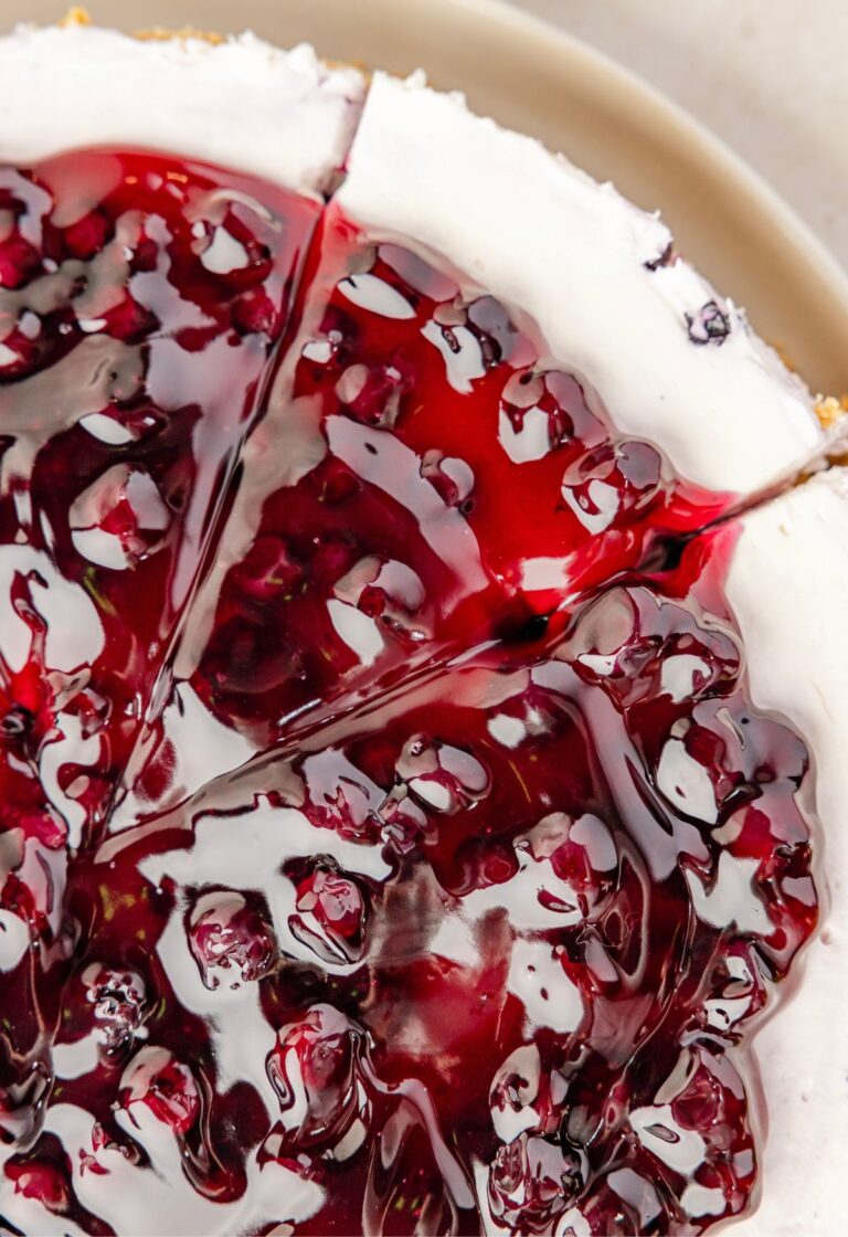 Top of the cheesecake cut into slices