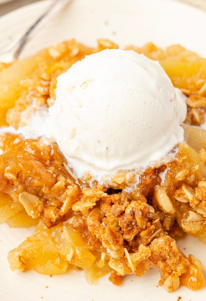 A serving of applesauce crisp with a scoop of vanilla ice cream on top.