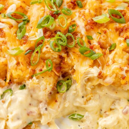 Close up of the casserole dish and creamy sauce
