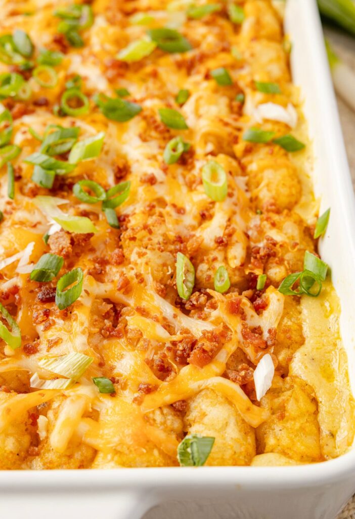 Side view of the baked tater tot casserole