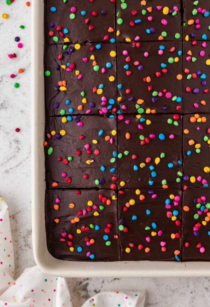 Top view of the cosmic brownie chocolate cake inside a 9x13 cake pan