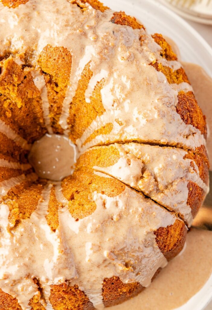 Top view of the bundt cake with a glaze