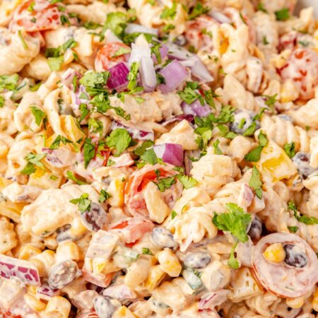 Close up of the creamy southwest pasta salad with rotini pasta.