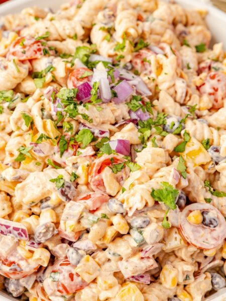 Close up of the creamy southwest pasta salad with rotini pasta.