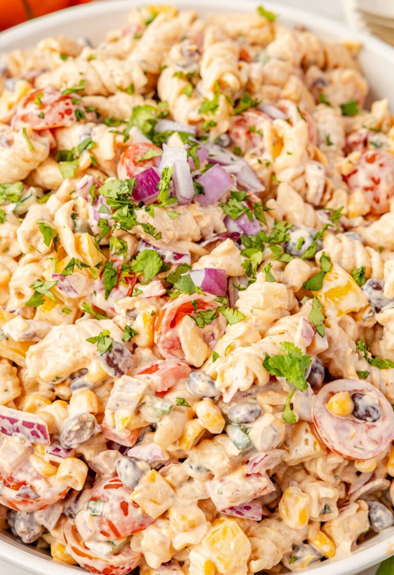 Close up of the creamy southwest pasta salad with rotini pasta.