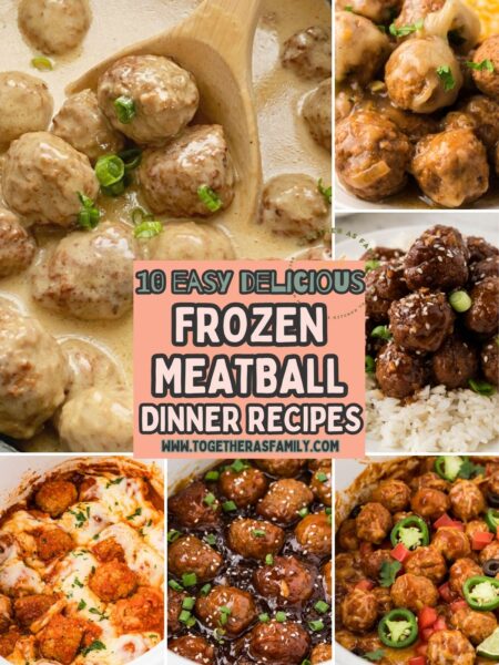 A hero image of graphics of the frozen meatball recipes that are in this recipe round-up of the 10 best frozen meatball dinner recipes.