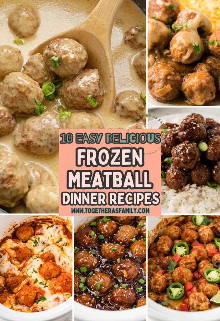 A hero image of graphics of the frozen meatball recipes that are in this recipe round-up of the 10 best frozen meatball dinner recipes.