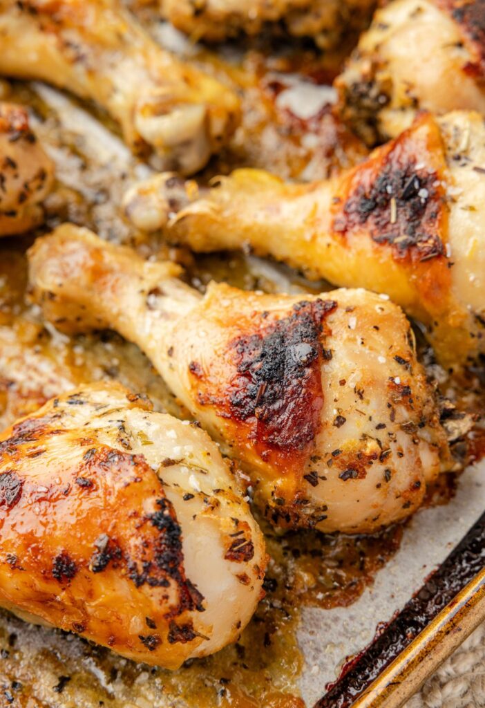 Baked chicken drumsticks on a sheet pan