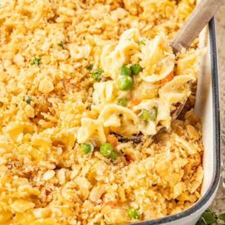 Chicken noodle bake inside the casserole baking dish