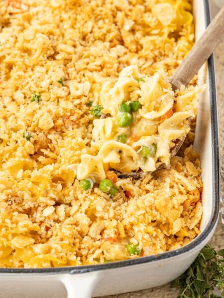 Chicken noodle bake inside the casserole baking dish