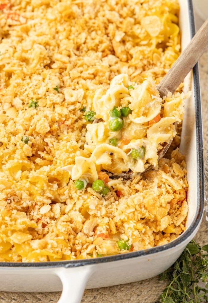 Chicken noodle bake inside the casserole baking dish