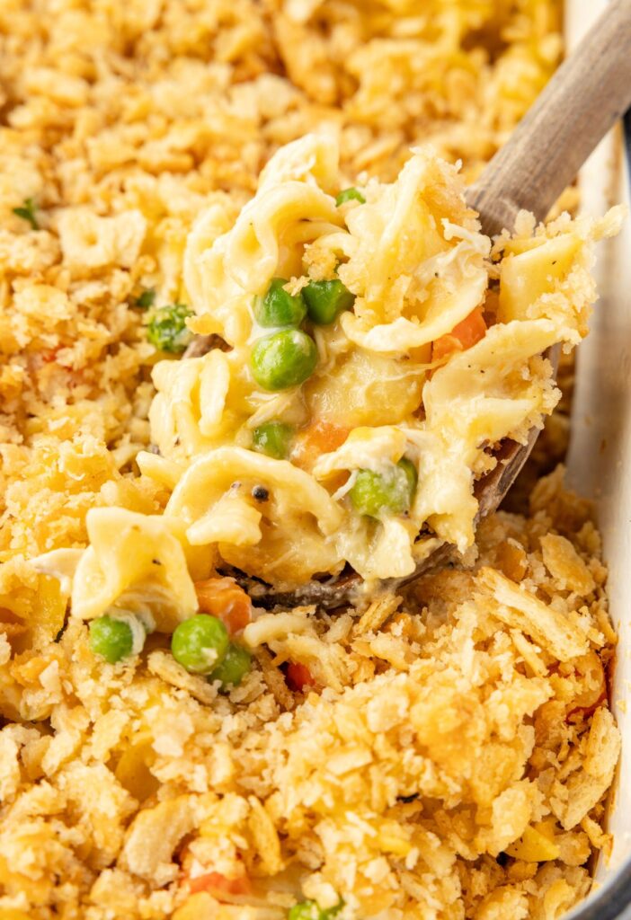 Hero image of the casserole with a wooden serving spoon scooping some of it up.