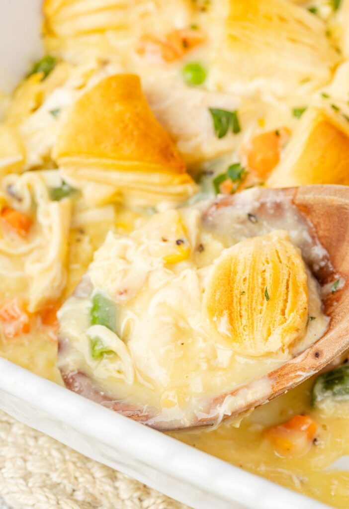 Close up pic of the biscuit casserole inside the casserole dish.