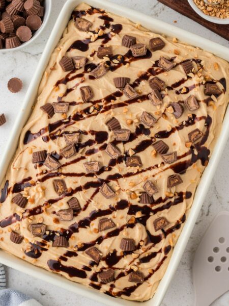 Top view of the baked cake ready to serve, with a peanut butter frosting and garnishes.