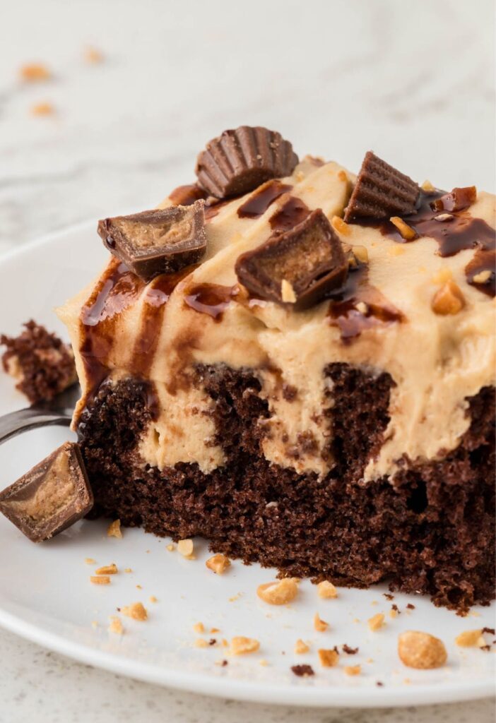Slice of the chocolate peanut butter poke cake on a white plate
