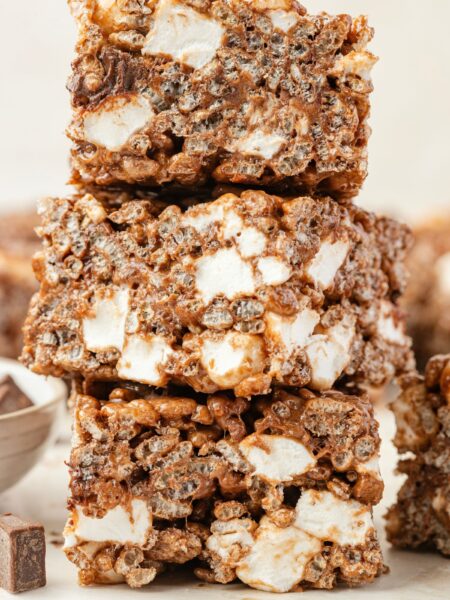 Stack of chocolate rice Krispy treats with mini marshmallows